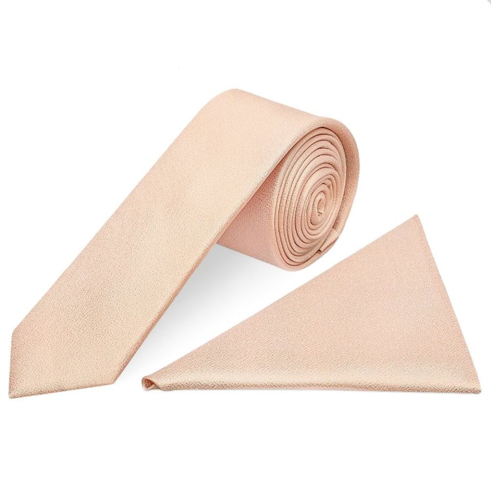 Plain Nude Silk Skinny Men's Tie and Pocket Square Set