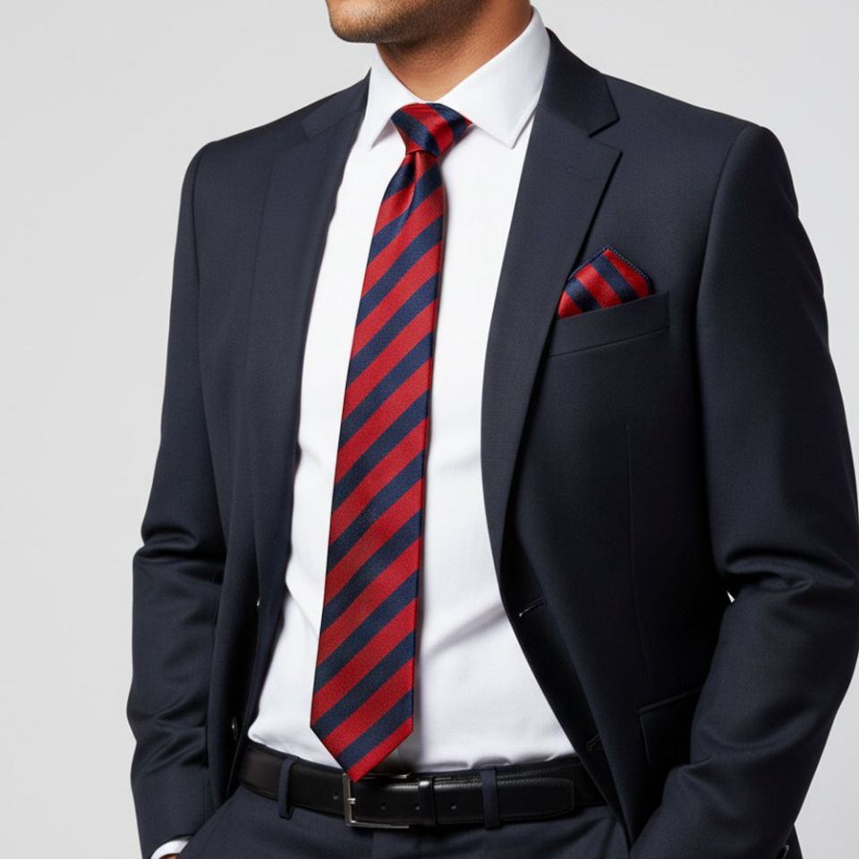 Navy and Red Striped Classic Men's Tie and Pocket Square Set