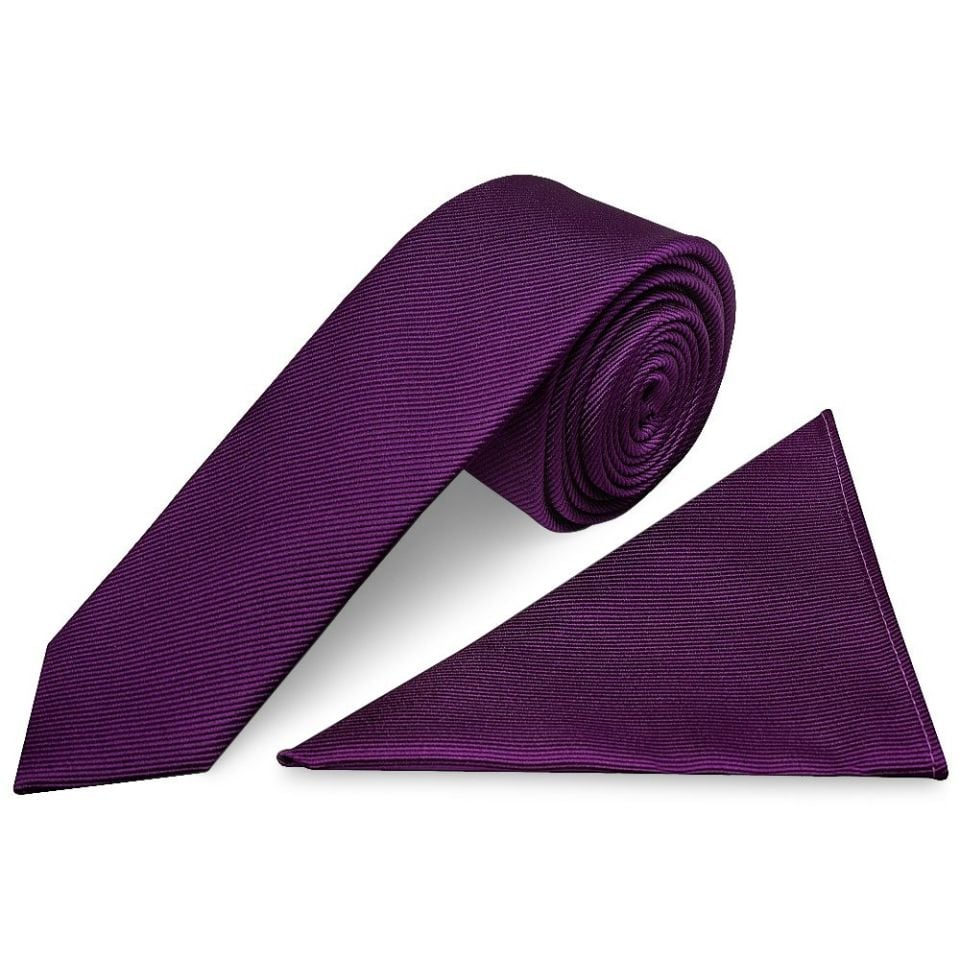 Purple Silk Twill Skinny Mens Tie and Pocket Square Set