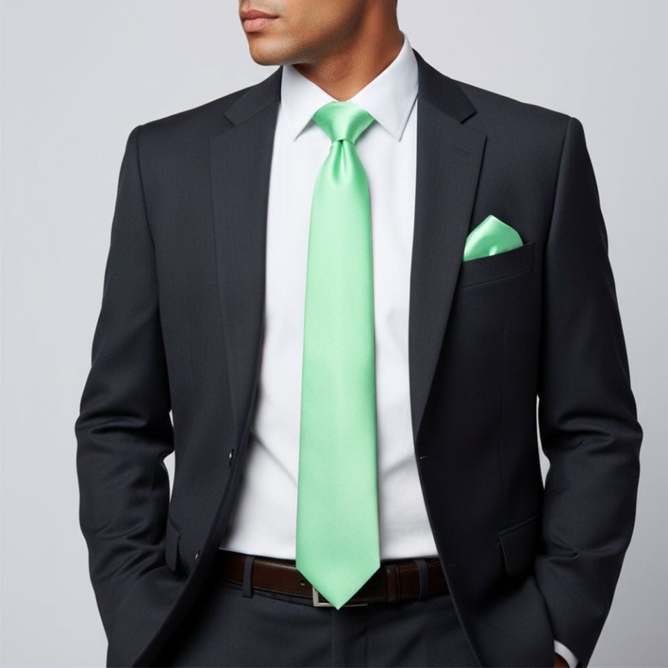 Plain Seafoam Green Satin Classic Mens Tie and Pocket Square Set