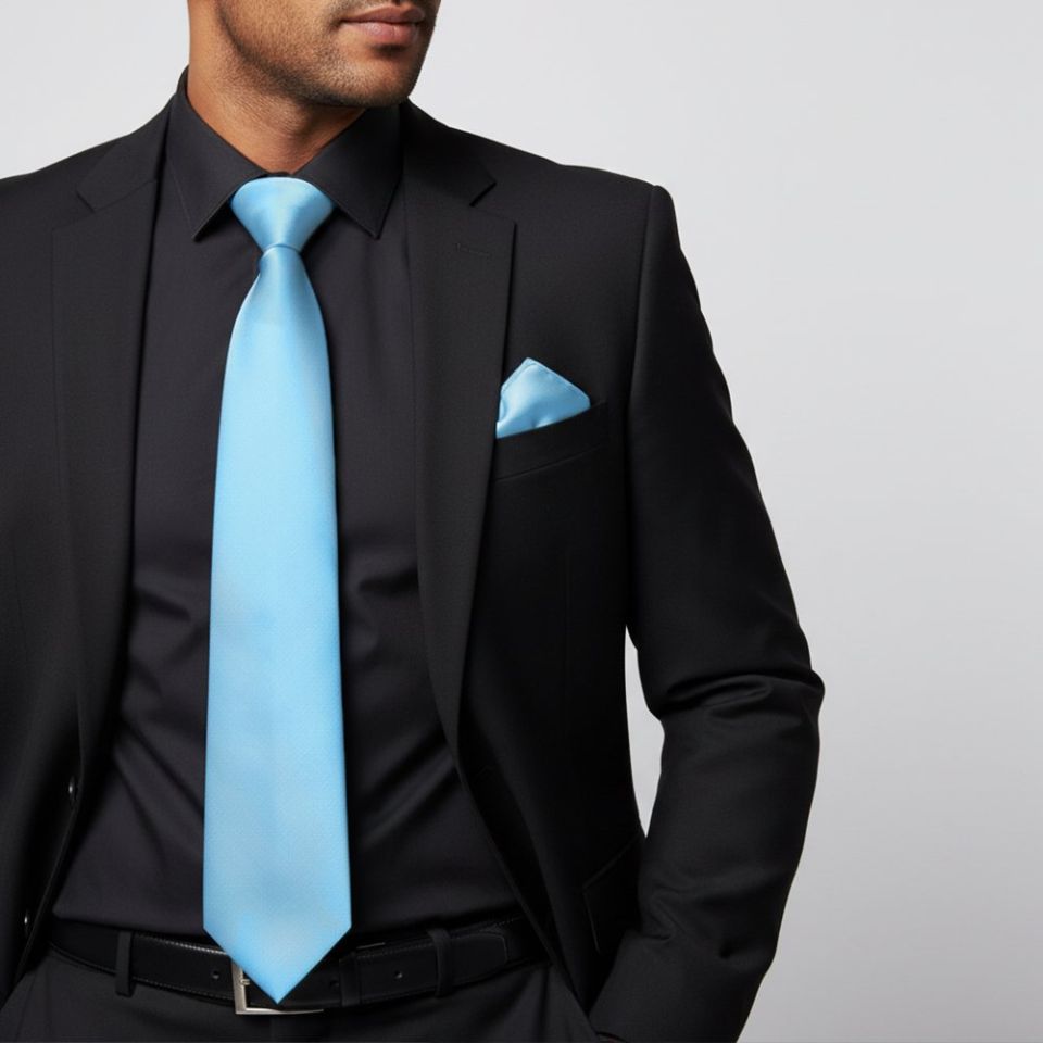 Plain Sky Blue Satin Classic Men's Tie and Pocket Square Set