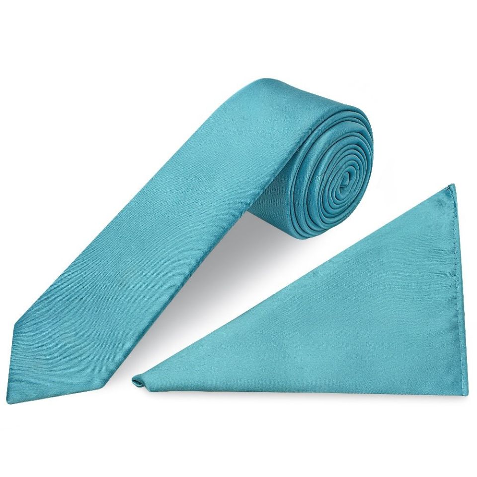 Turquoise Satin Skinny Boys Tie and Pocket Square Set