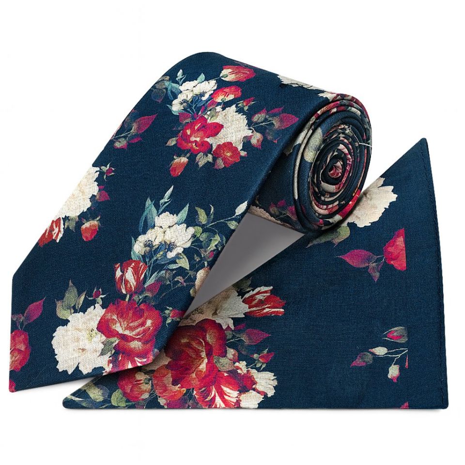 Navy Cotton with White and Red Flower Pattern Classic Tie and Pocket Square Set