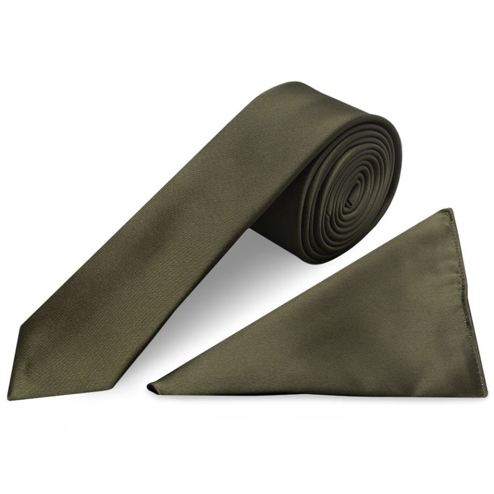 Plain Leaf Green Satin Skinny Men's Tie and Pocket Square Set
