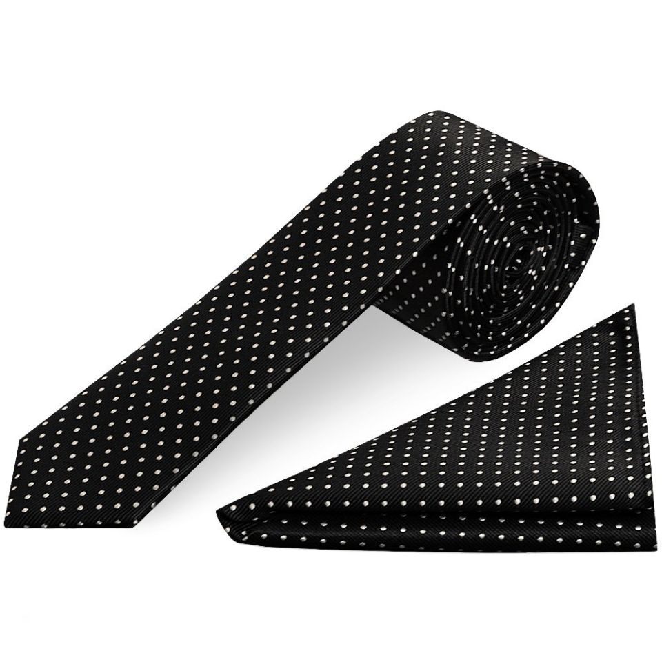 Black and White Polka Dot Skinny Men's Tie Pocket Square Set