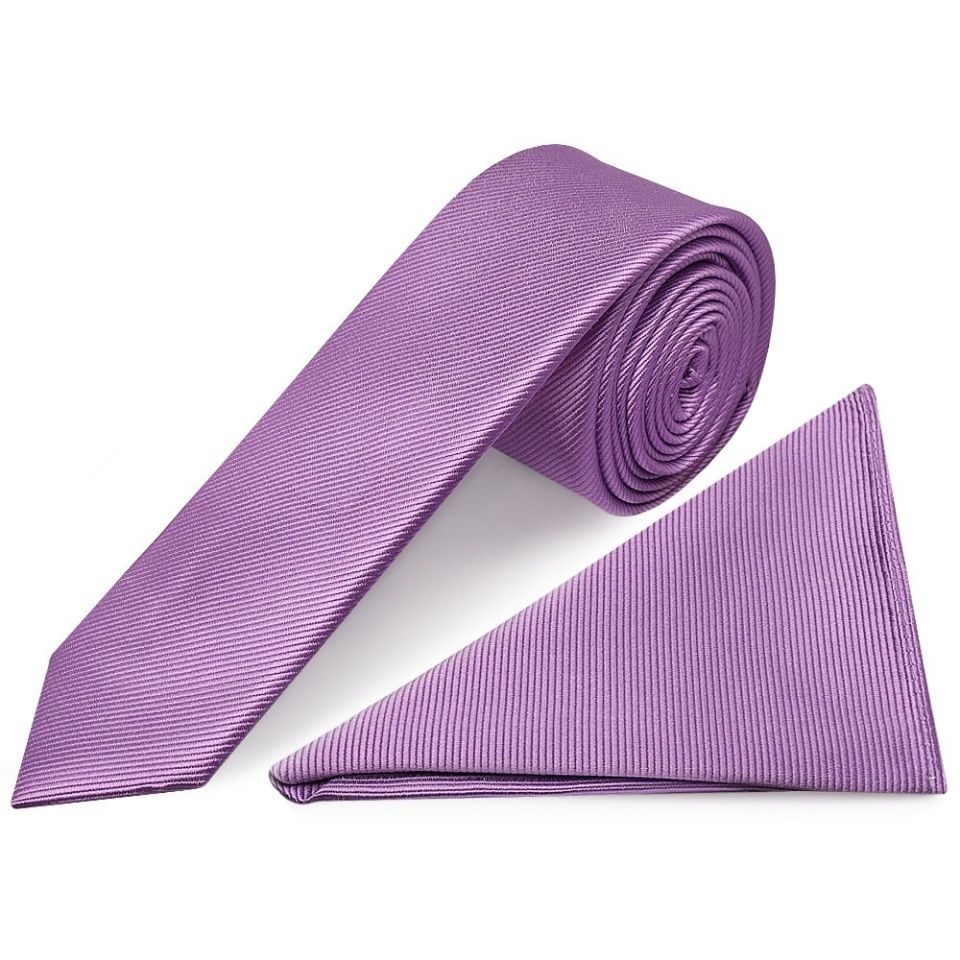 Lilac Silk Twill Skinny Men's Tie and Pocket Square Set