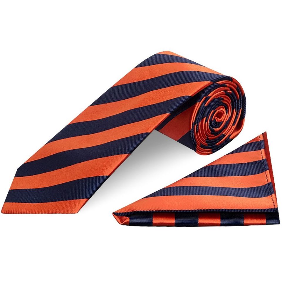 Navy and Orange Striped Classic Men's Tie and Pocket Square Set