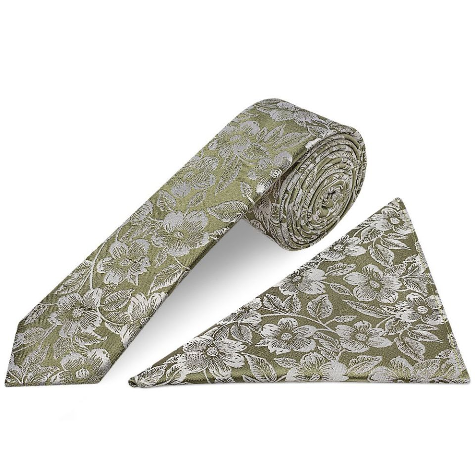 Mens Olive Floral Silk Skinny Tie and Pocket Square