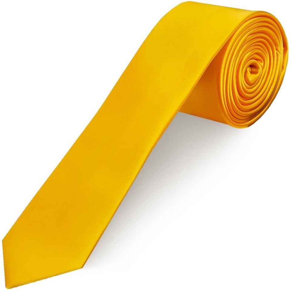 Plain Bright Yellow Satin Skinny Men's Tie and Pocket Square Set