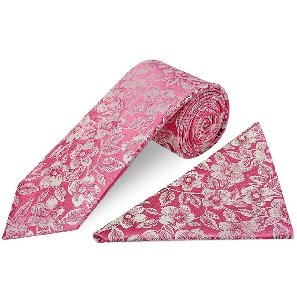Mens Dusty Pink Floral Silk Classic Tie and Pocket Square
