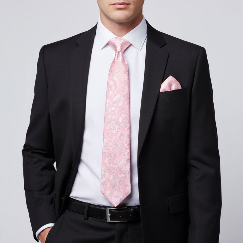 Mens Blush Pink Floral Silk Classic Tie and Pocket Square
