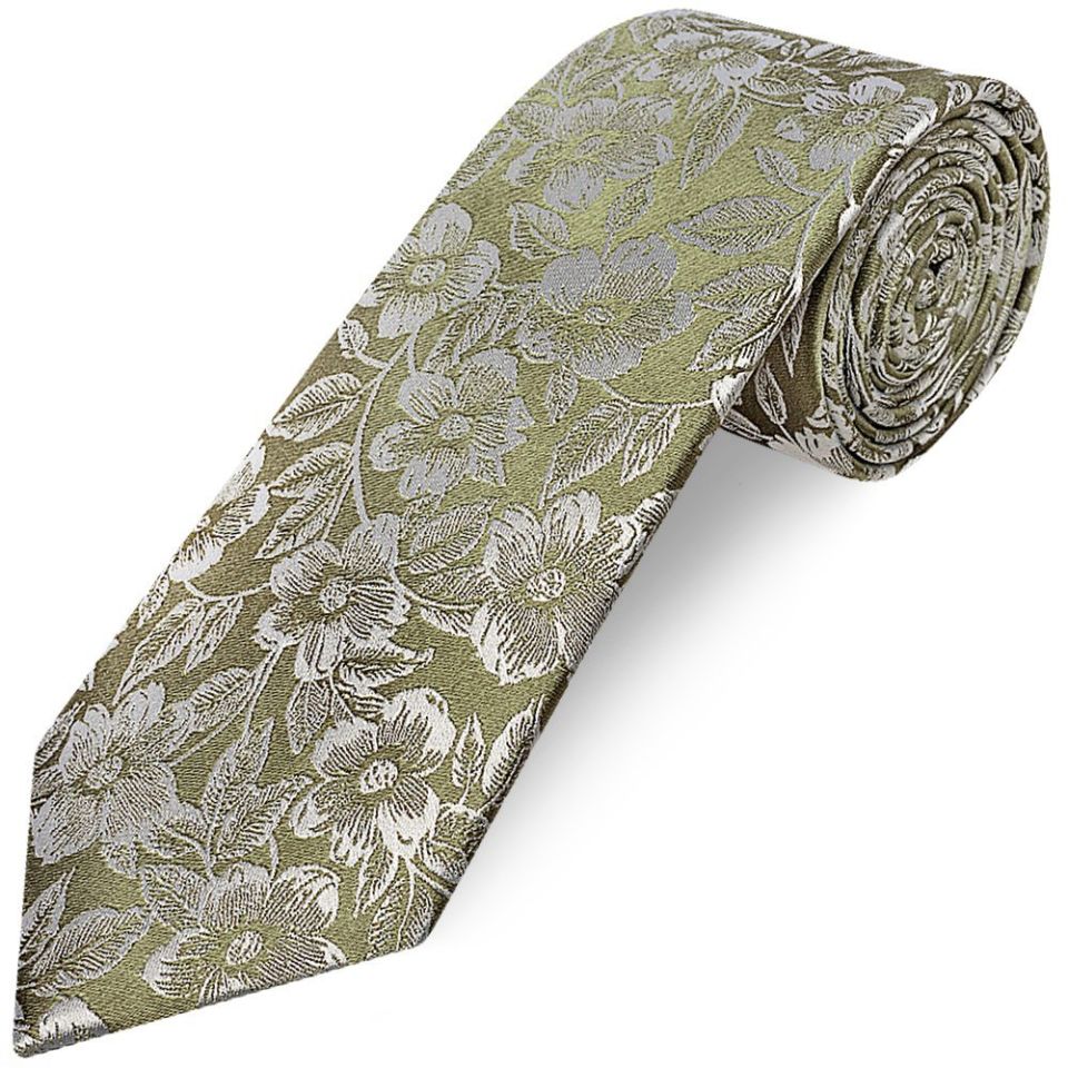 Mens Olive Floral Silk Classic Tie and Pocket Square