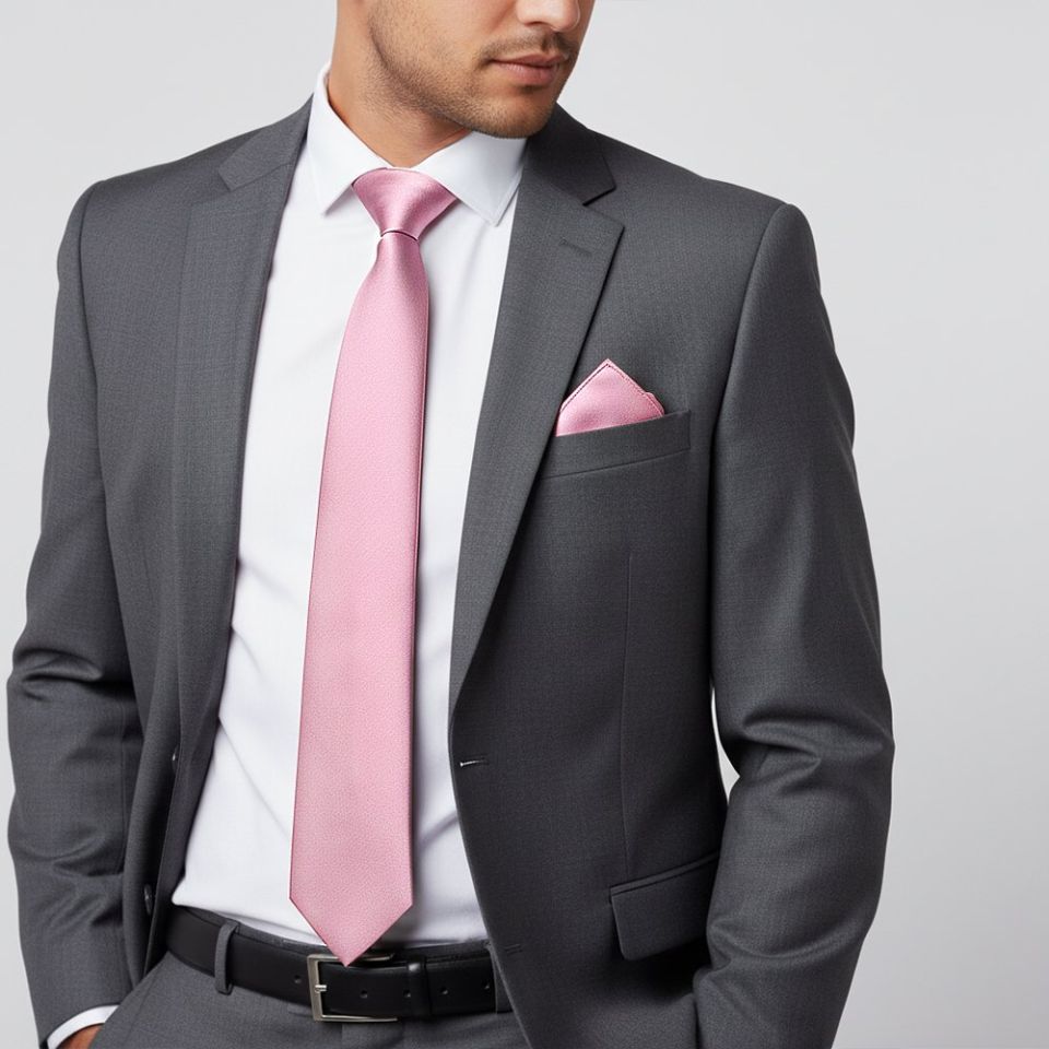 Plain Light Dusty Pink Satin Classic Men's Tie and Pocket Square Set