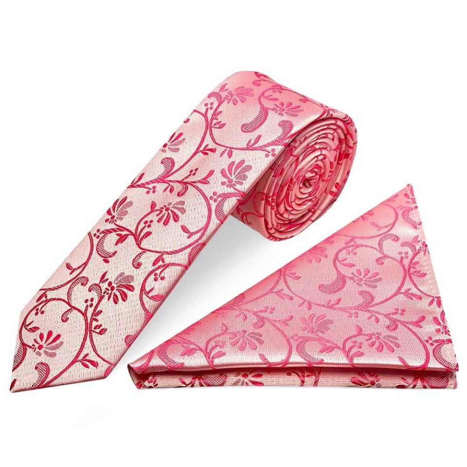 Light Coral Pink Floral Skinny Men's Tie and Pocket Square Set