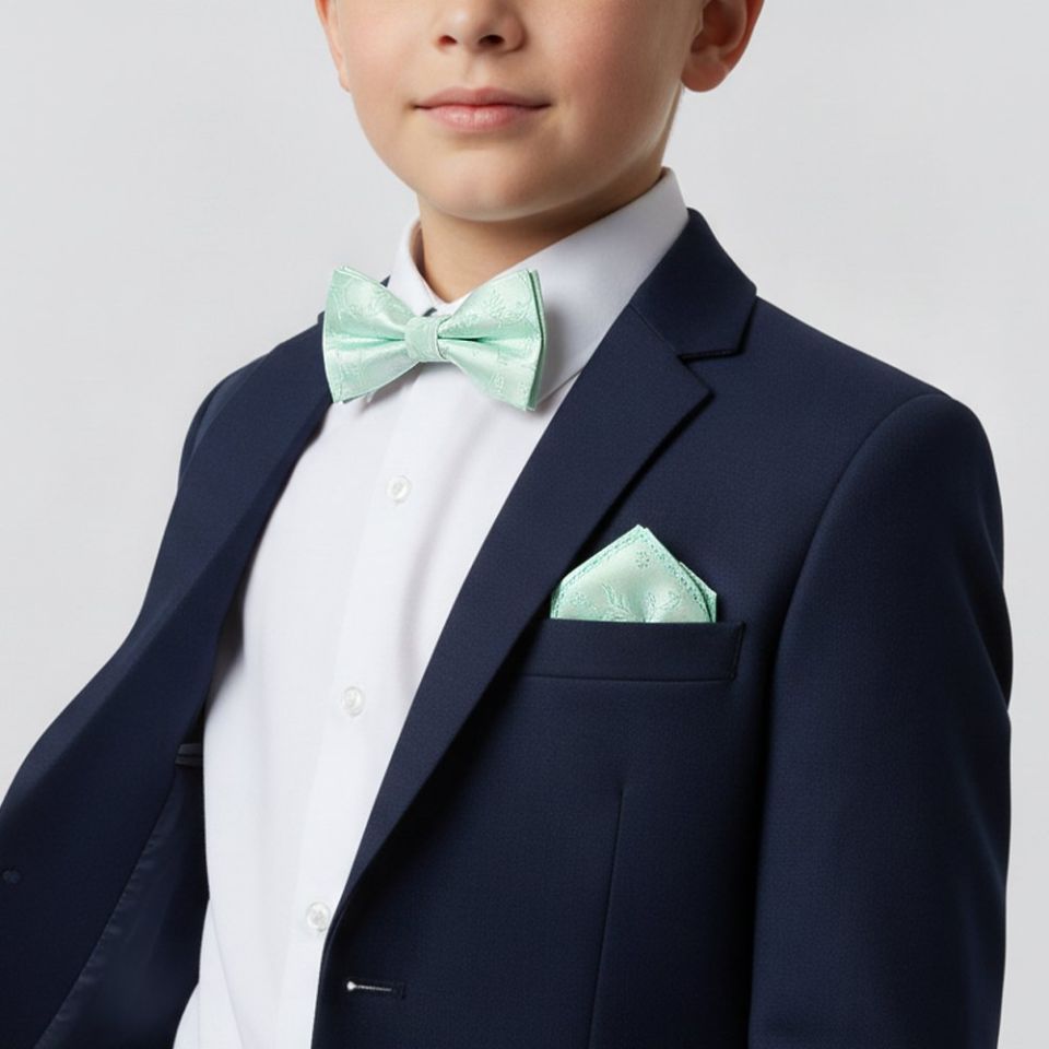 Pre Tied Mint Green Floral Boys Bow Tie and Pocket Square Set