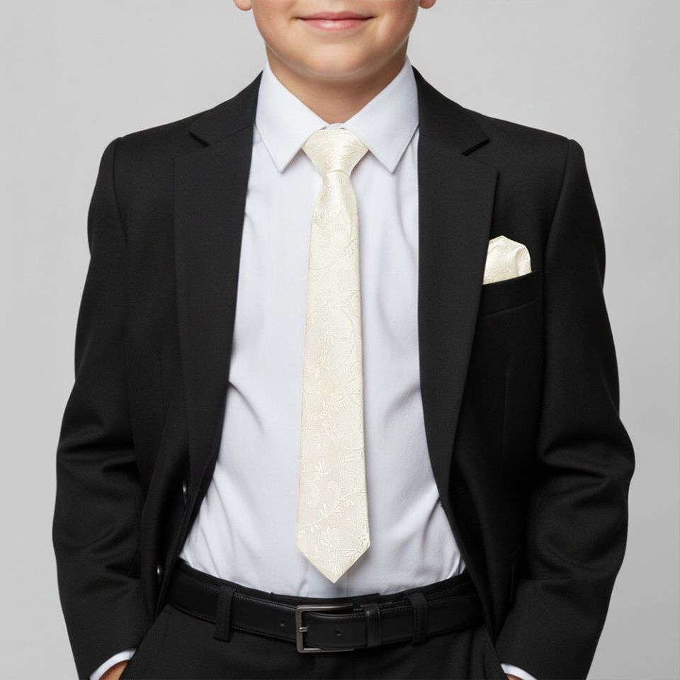 Ivory Floral Skinny Boys Tie and Pocket Square Set