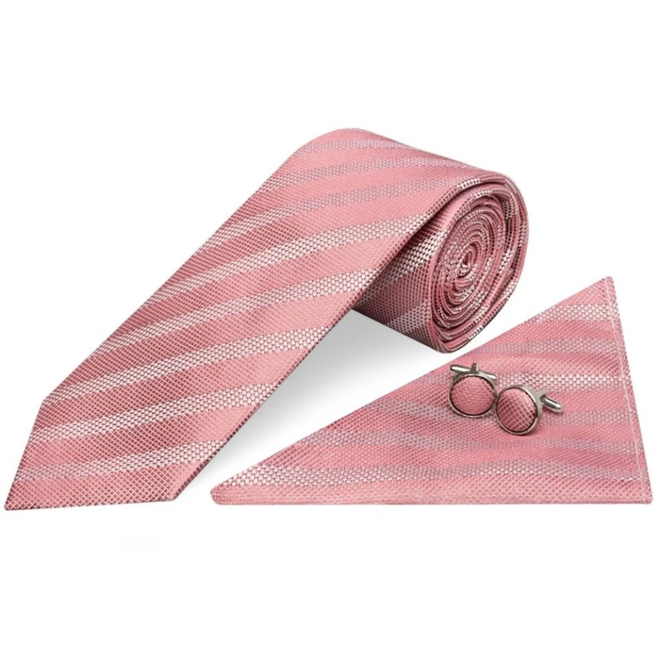 Dusty Pink Textured Stripe Mens Silk Classic Tie Pocket Square and Cufflinks Box Set