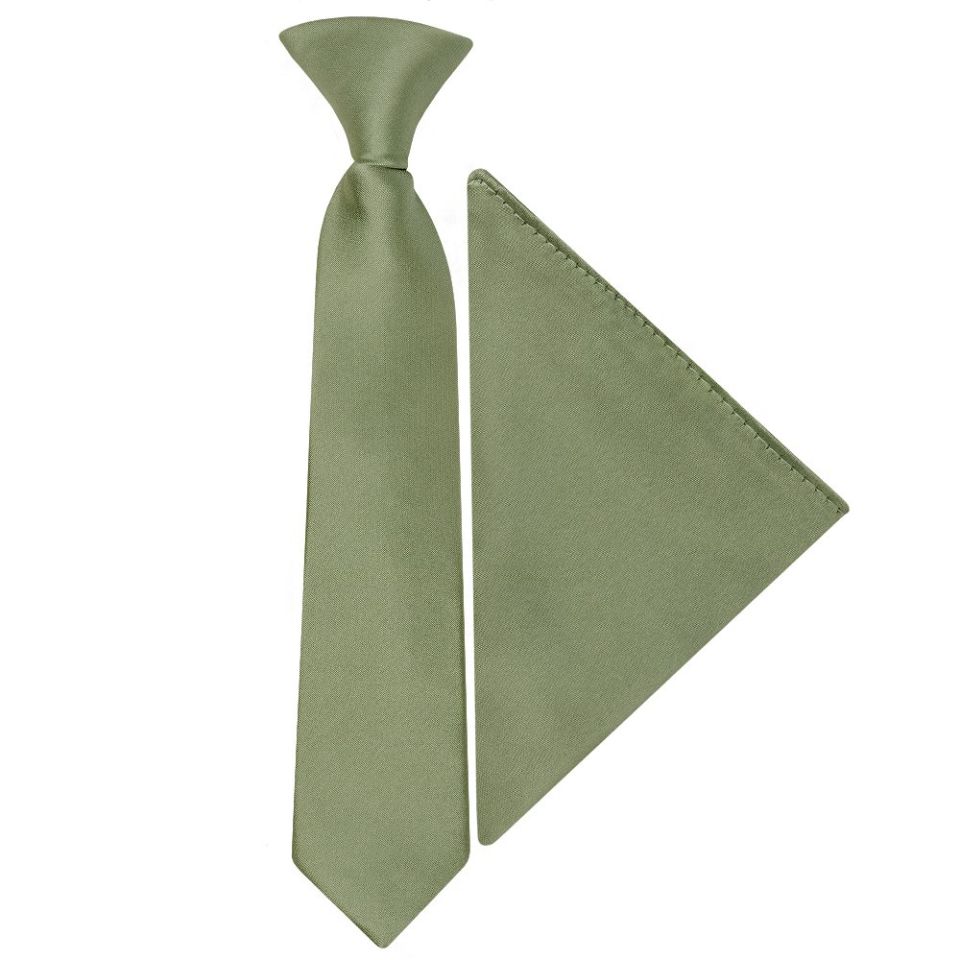 Pre Tied Plain Olive Green Satin Boys Tie and Pocket Square Set Age 4-7