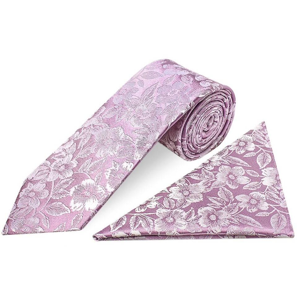 Mens Lilac Floral Silk Classic Tie and Pocket Square