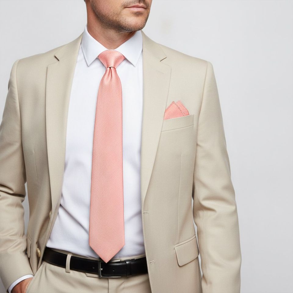 Plain Salmon Peach  Silk Classic Men's Tie and Pocket Square Set