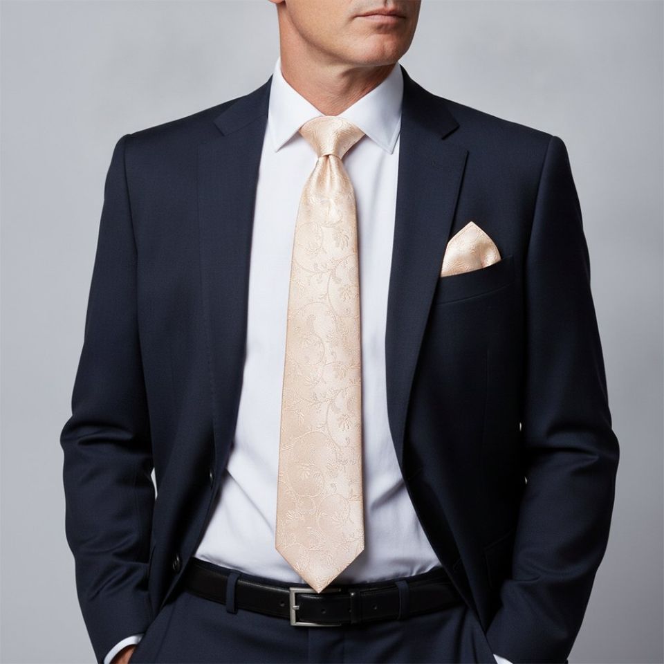 Light Peach Floral Classic Men's Tie and Pocket Square Set
