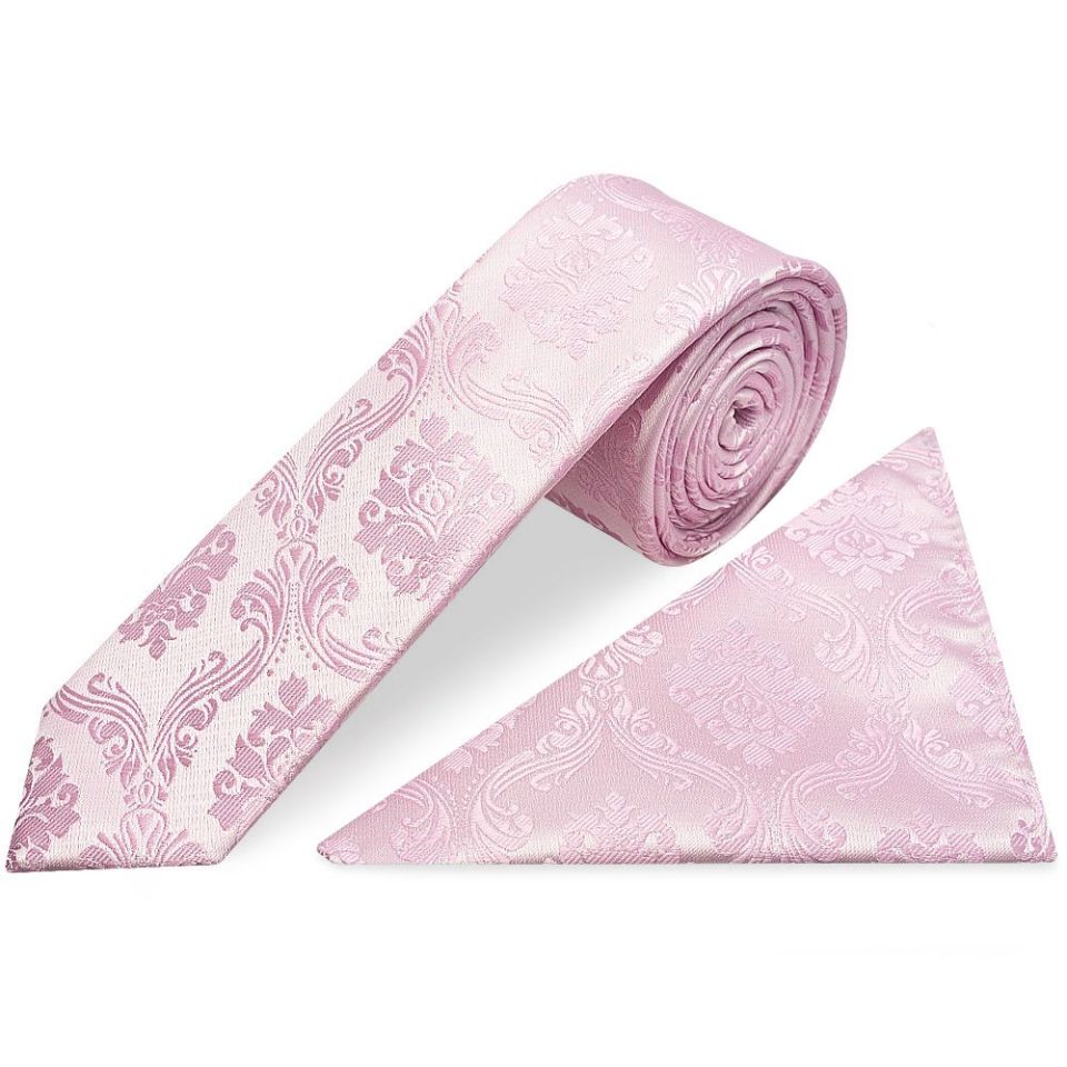 Light Dusty Pink Paisley Skinny Men's Tie and Pocket Square Set