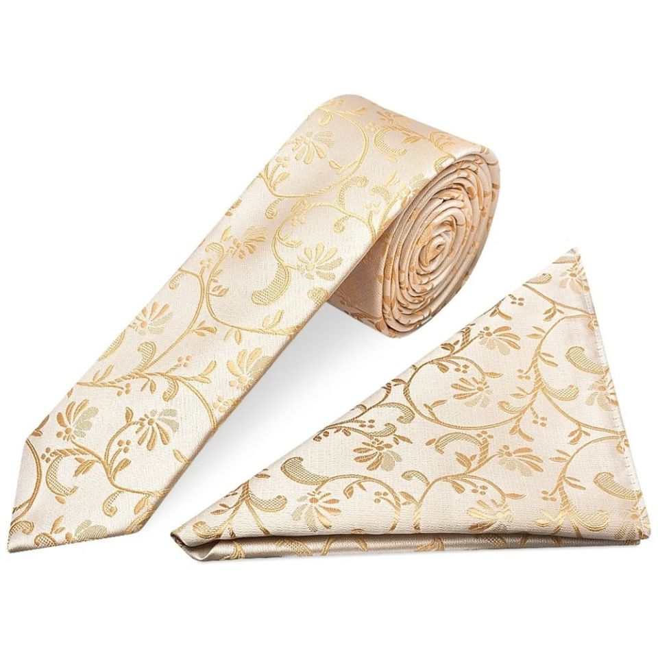 Caramel Floral Skinny Boys Tie and Pocket Square Set