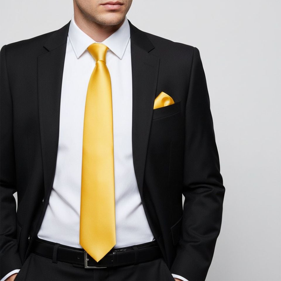 Plain Yellow Gold Satin Classic Men's Tie and Pocket Square Set