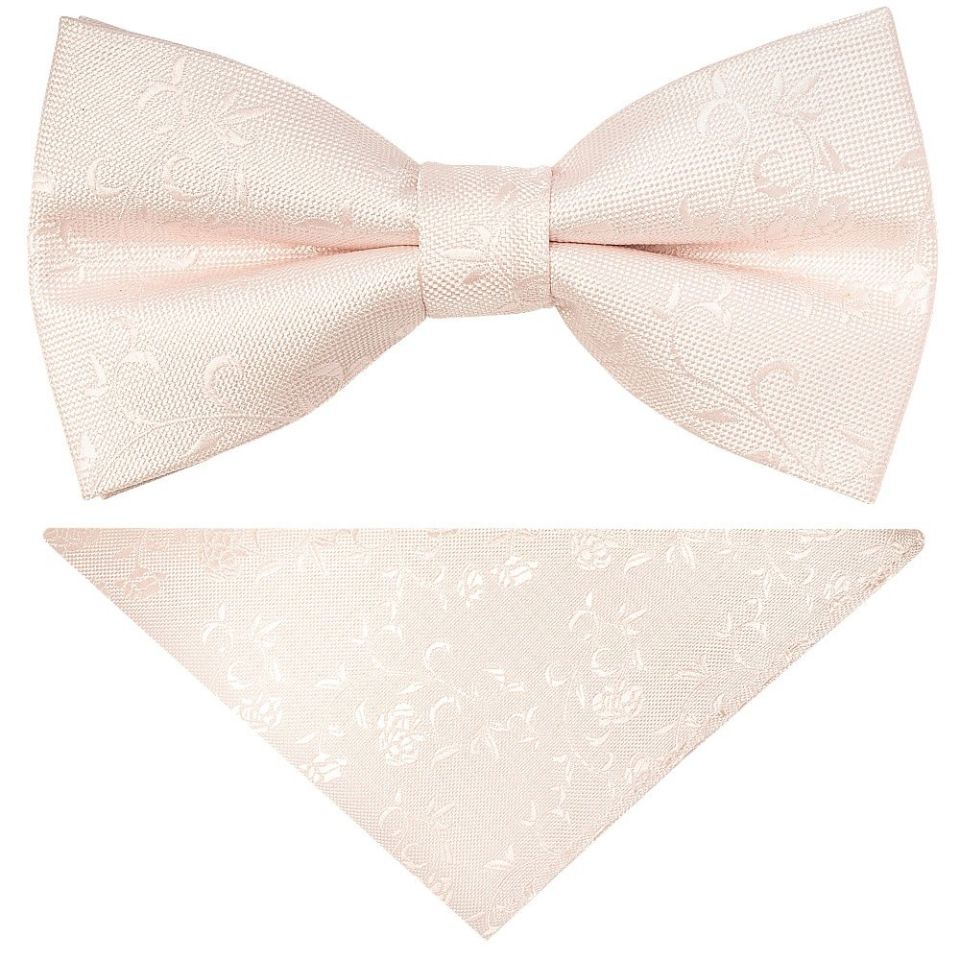 Pre Tied Blush Textured Floral Boys Bow Tie and Pocket Square Set