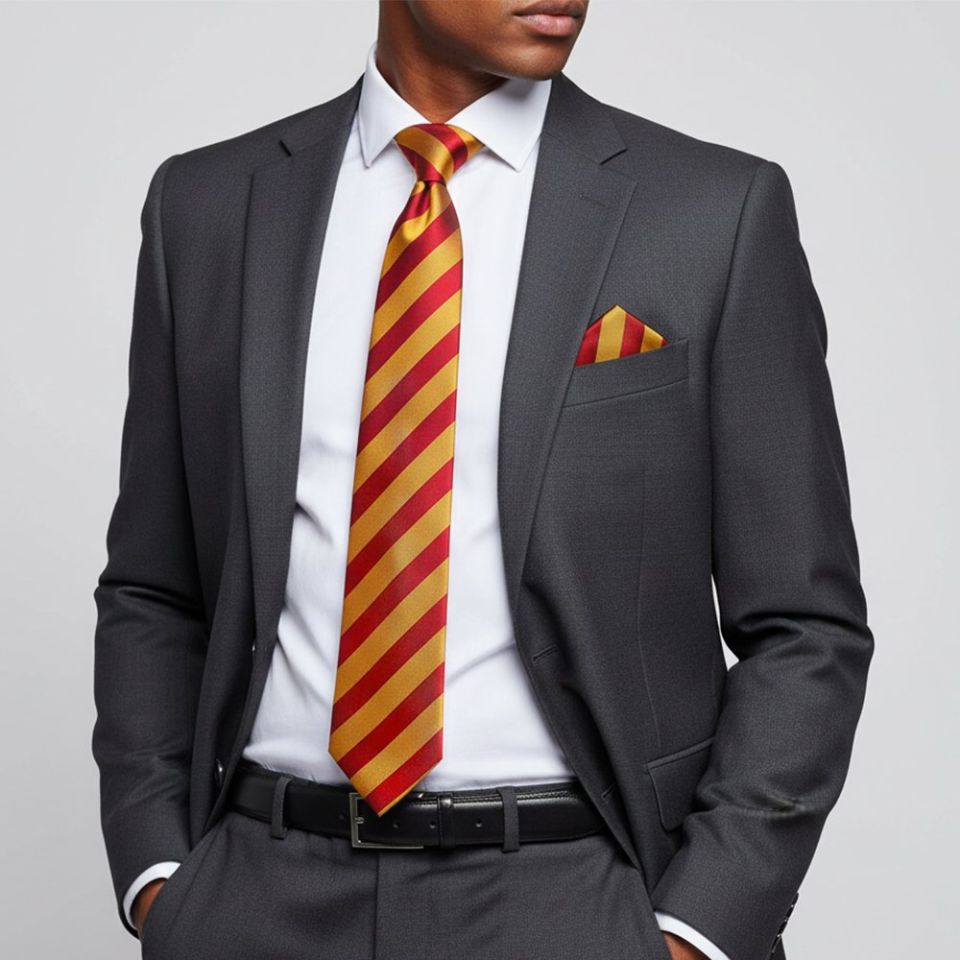 Red and Gold Striped Classic Men's Tie and Pocket Square Set