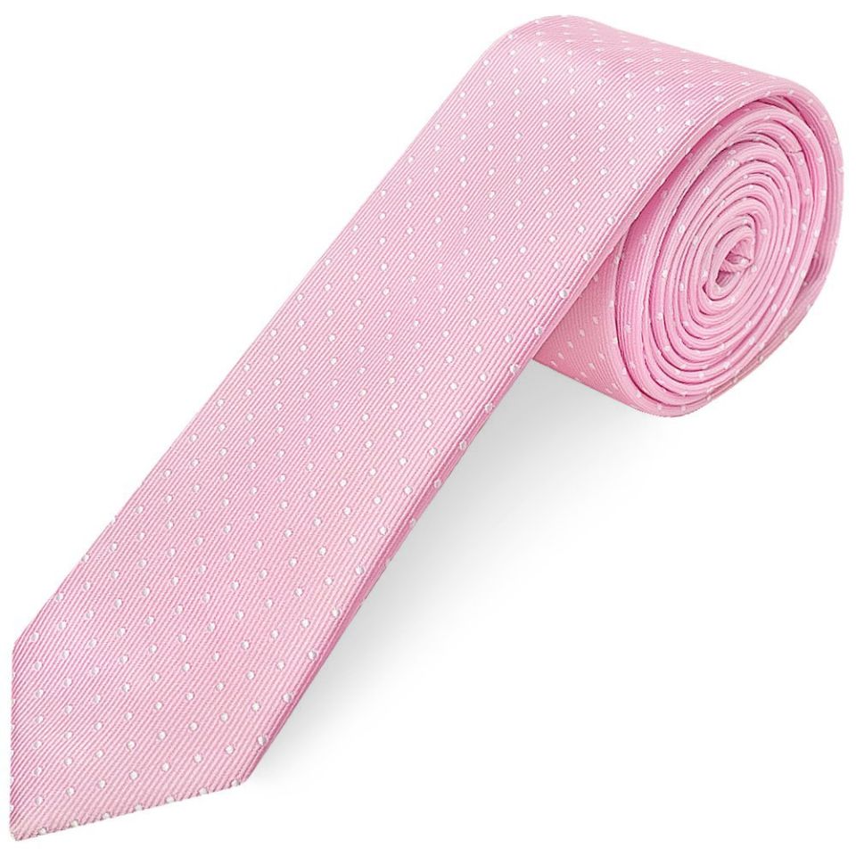 Pink and White Polka Dot Skinny Men's Tie Pocket Square Set