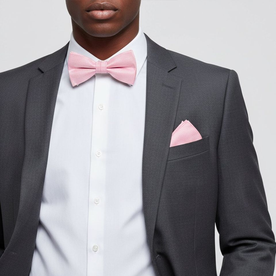 Mens Plain Blush Pink Silk Bow Tie and Pocket Square Set