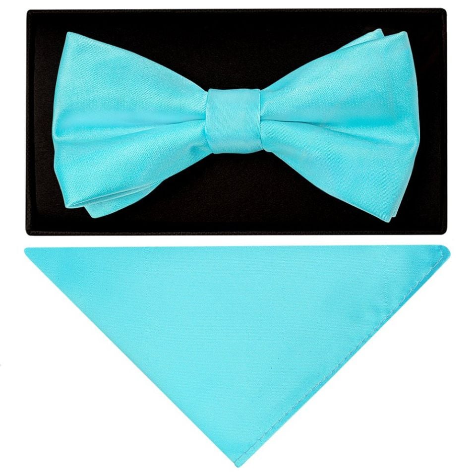 Plain Tiffany Blue Handmade Mens Bow Tie and Pocket Square Set