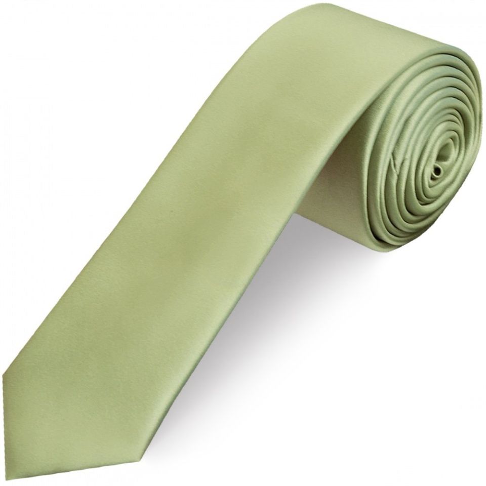 Plain Sage Green Satin Skinny Men's Tie and Pocket Square Set