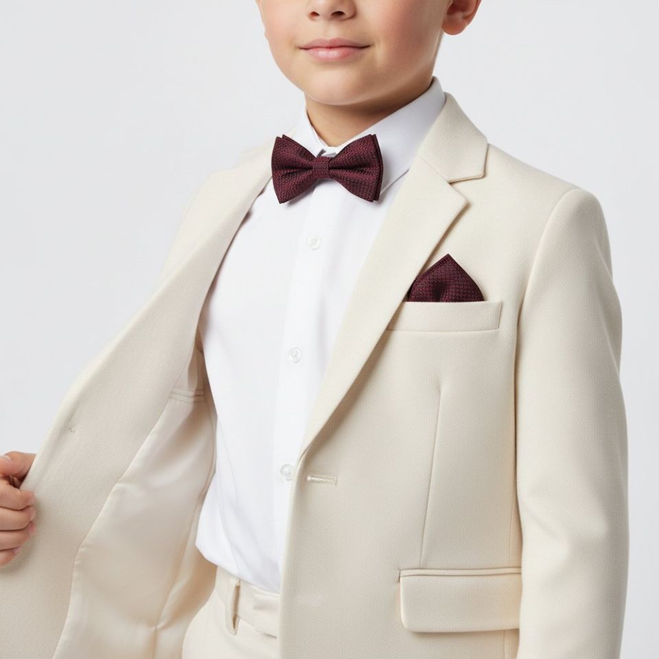 Pre Tied Burgundy Textured Boys Bow Tie and Pocket Square Set