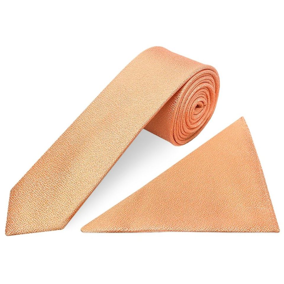 Plain Peach Textured Silk Skinny Men's Tie and Pocket Square Set