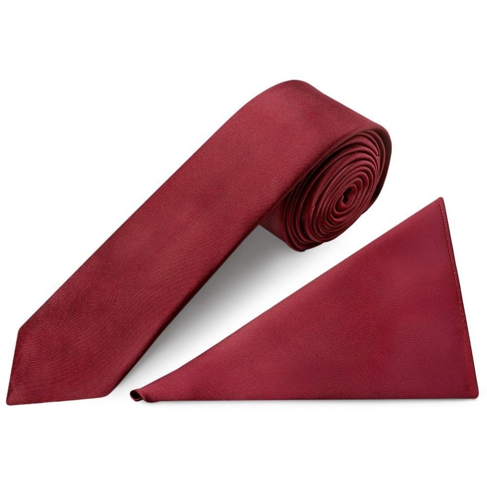 Plain Maroon Satin Skinny Boys Tie and Pocket Square Set