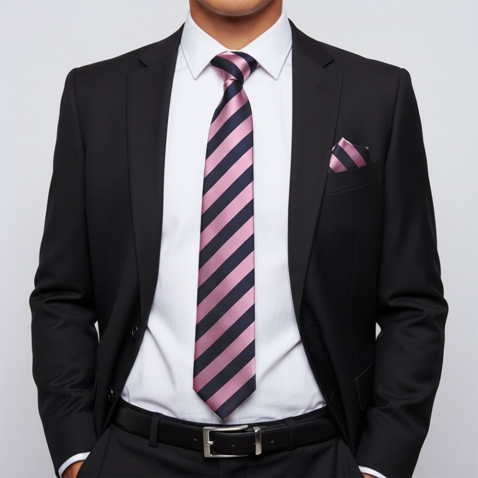 Navy and Lilac Striped Classic Men's Tie and Pocket Square Set
