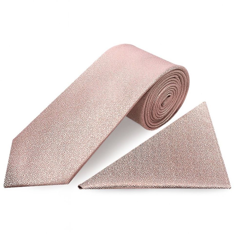 Plain Rose Gold Textured Silk Classic Men's Tie and Pocket Square Set