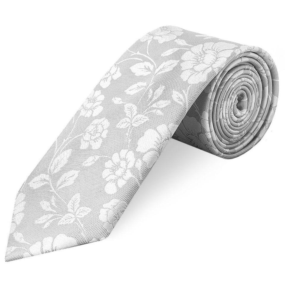 Men's Silver with White Floral Silk Classic Tie and Pocket Square