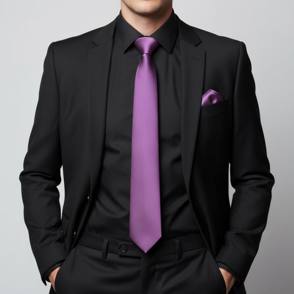 Plain Cadburys Purple Satin Classic Men's Tie and Pocket Square Set