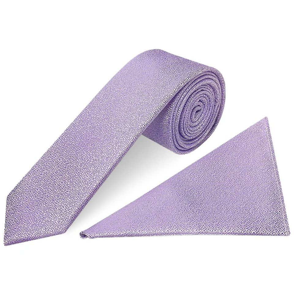 Plain Purple Textured Silk Skinny Men's Tie and Pocket Square Set