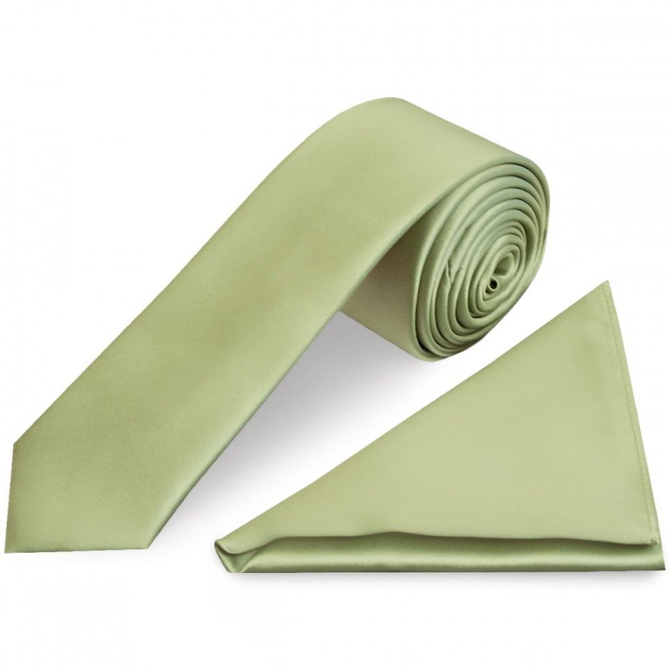 Plain Sage Green Satin Skinny Men's Tie and Pocket Square Set