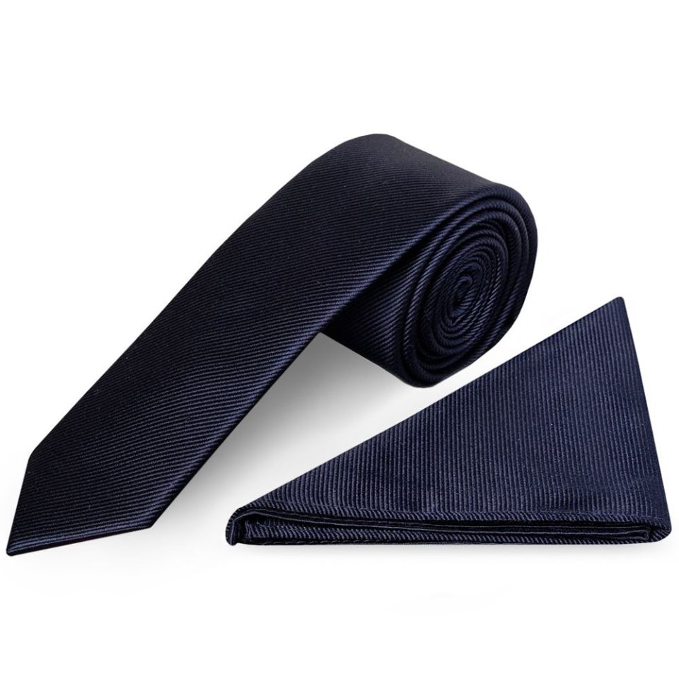Navy Silk Twill Skinny Mens Tie and Pocket Square Set