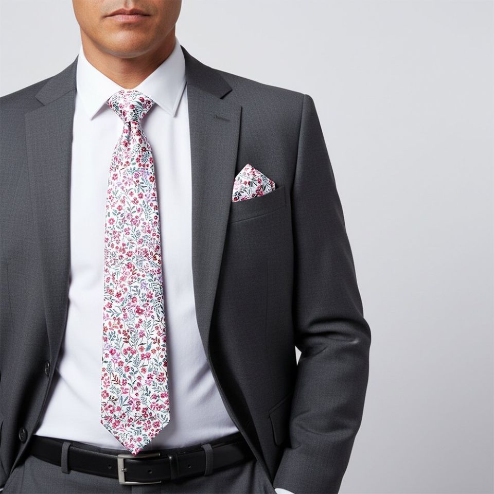 Red Small Floral Mens Classic Tie and Pocket Square Set