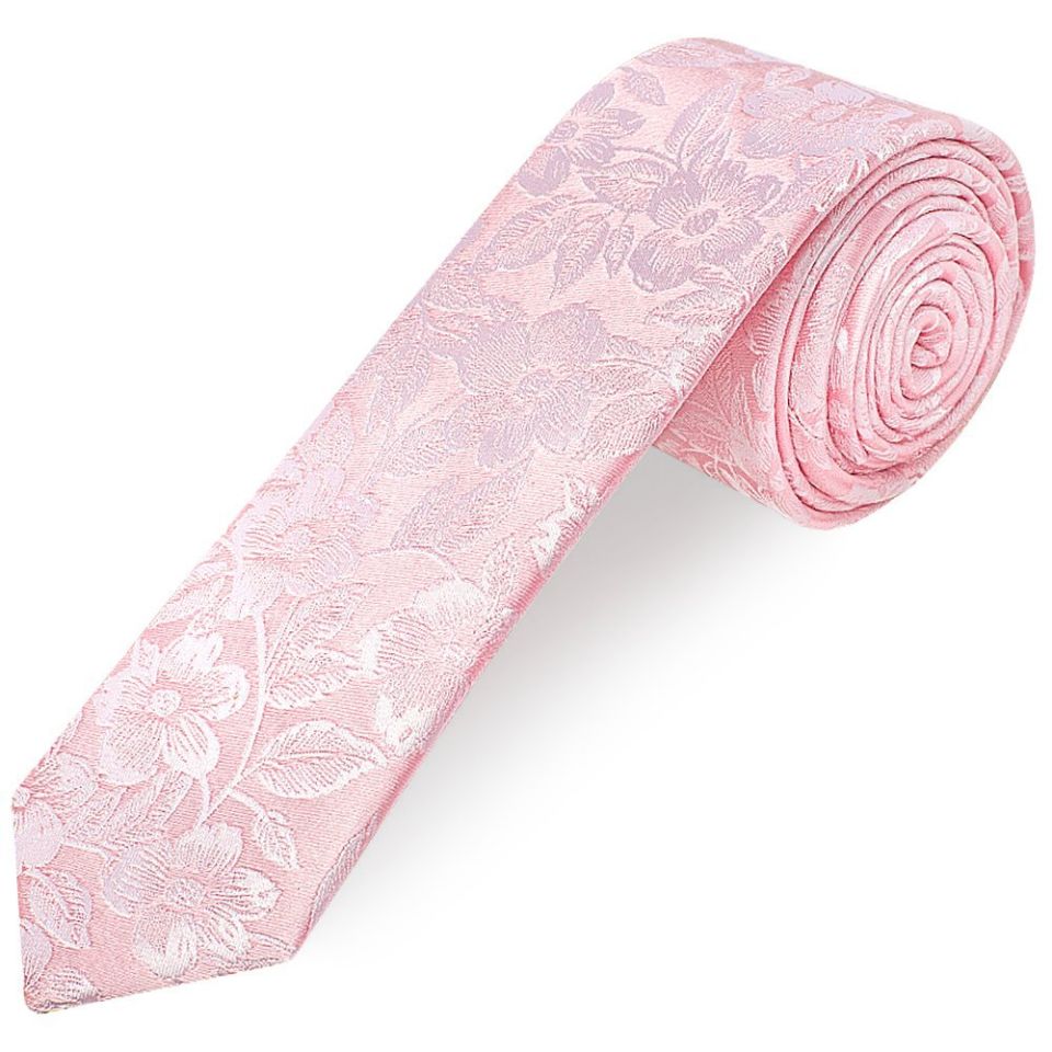 Mens Blush Pink Floral Silk Skinny Tie and Pocket Square