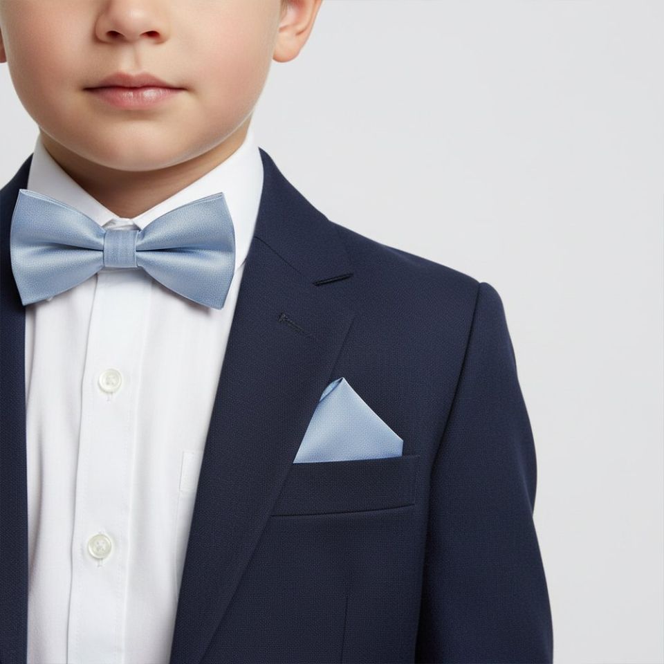 Pre Tied Dusty Blue Silk Boys Bow Tie and Pocket Square Set Age 4-7