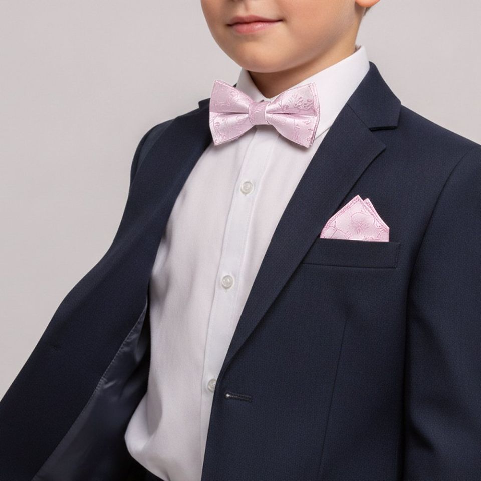 Pre Tied Light Dusty Pink Floral Boys Bow Tie and Pocket Square Set Age 4-7