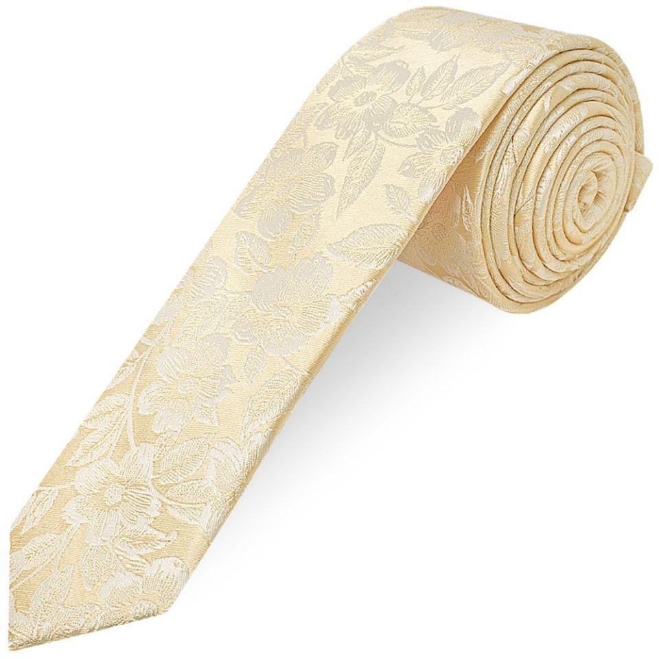 Mens Champagne Floral Silk Skinny Tie and Pocket Square