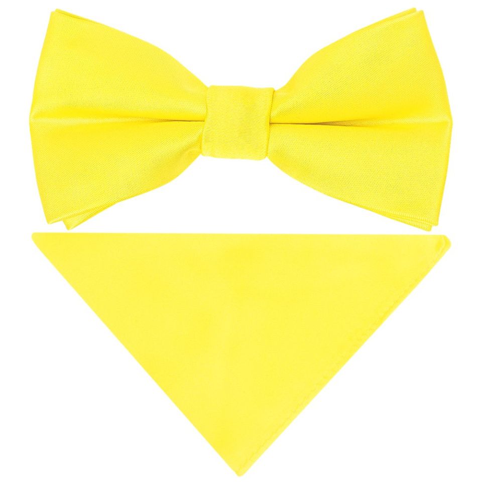 Pre Tied Sunshine Yellow Satin Boys Bow Tie and Pocket Square Set
